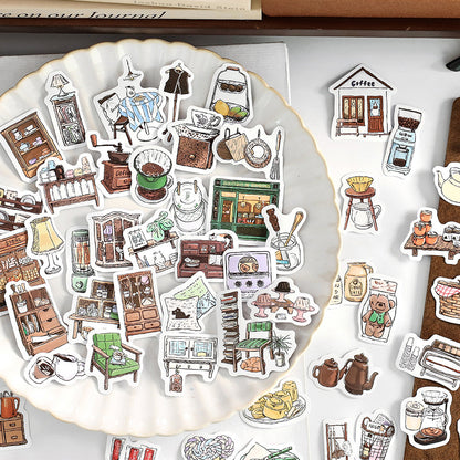 30pcs Retro Handdrawn Life Aesthetics Sticker Pack | Coffee Stickers | Planner Sticker Set | Junk Journal | Die Cut Deco Stickers