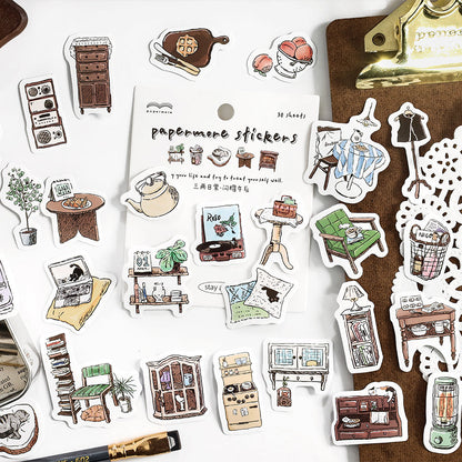 30pcs Retro Handdrawn Life Aesthetics Sticker Pack | Coffee Stickers | Planner Sticker Set | Junk Journal | Die Cut Deco Stickers