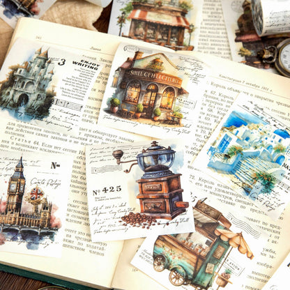Retro Travel Life Aesthetics Coffee Washi Tape | Architecture Washi Tape | Gift Wrapping | Collage Kit Junk Journal | Gift for Girls